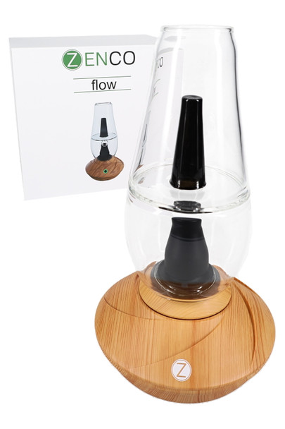Zenco Flow desktop vaporizer in Onyx black with clear glass cup; B2B catalog shot, angled front view highlighting auto-fill water feature.
