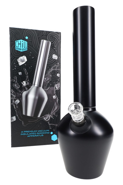 Chill stainless steel water pipe in matte black shown beside branded retail box; 13" beaker with glass slide for B2B smoke-shop product pages.