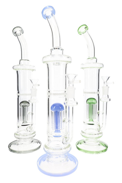 15" clear stemless GoG straight tube with multi percs and subtle color accents; tall wholesale water pipe, front three-quarter studio view on white background. 15" clear stemless GoG straight tube with multi percs and subtle color accents; tall wholesale water pipe, front three-quarter studio view on white background.