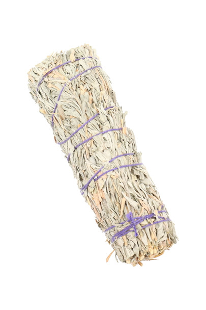 4" blue sage smudge bundle wrapped in white cord, 30 g; clean overhead studio shot for wellness wholesale displays and register tray merchandising. 4" blue sage smudge bundle wrapped in white cord, 30 g; clean overhead studio shot for wellness wholesale displays and register tray merchandising.
