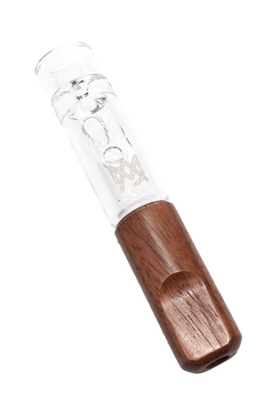 Clear borosilicate Ridge Chillum with dark wood mouthpiece, 3.4 inches; wholesale head-shop chillum shown front angle on white background.
