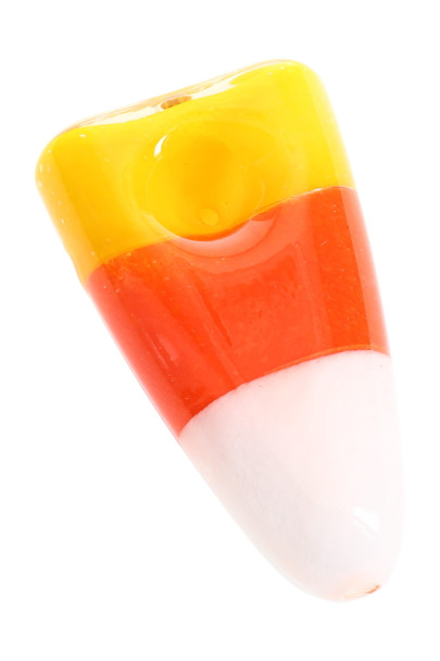 Candy-corn themed borosilicate glass hand pipe, 3.5 inches with left-side carb; wholesale head-shop novelty shown close-up on white background. Candy-corn themed borosilicate glass hand pipe, 3.5 inches with left-side carb; wholesale head-shop novelty shown close-up on white background.