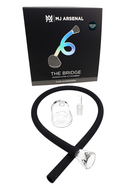 MJ Arsenal The Bridge hookah & rig attachment kit with retail box, black hose and clear glass parts; head-shop supplies ready for display, three-quarter view.