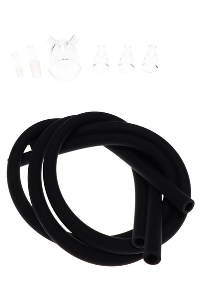 Three 28-inch black hoses coiled with clear borosilicate Medusa top and glass mouthpieces; wholesale e-rig kit components shown overhead on white.