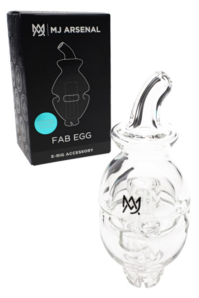 MJ Arsenal Fab Egg Pivot attachment beside branded retail box; clear recycler-style body for retail smoke gear, shelf-ready packaging shown. MJ Arsenal Fab Egg Pivot attachment beside branded retail box; clear recycler-style body for retail smoke gear, shelf-ready packaging shown.