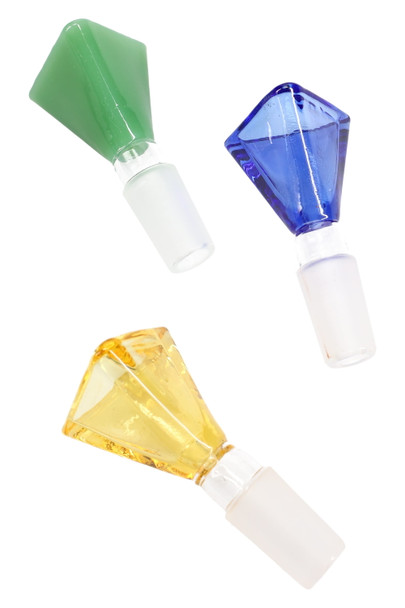 14.5 mm male triangle glass bowls in green, cobalt, and amber with frosted GoG joints; compact wholesale replacement slides, studio trio top view.