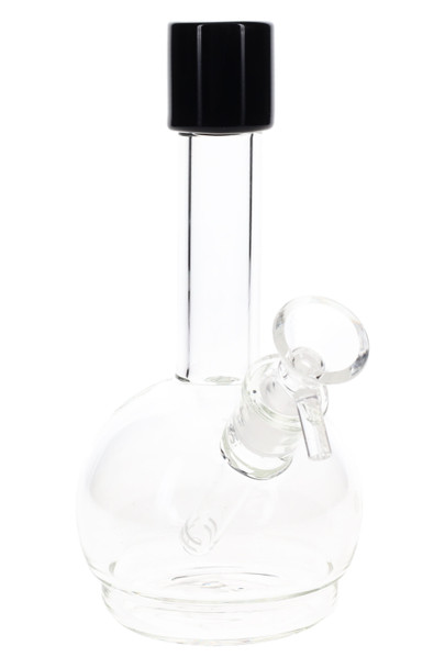 7" clear round-base GoG water pipe with black mouthpiece accent and 14.5 mm male bowl, compact tabletop piece for wholesale head-shop assortments. 7" clear round-base GoG water pipe with black mouthpiece accent and 14.5 mm male bowl, compact tabletop piece for wholesale head-shop assortments.
