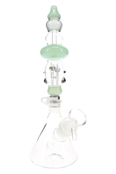Mint-accent assembled beaker water pipe with matching stacked neck sections, straight-on studio shot; compact glass kit for wholesale catalogs. Mint-accent assembled beaker water pipe with matching stacked neck sections, straight-on studio shot; compact glass kit for wholesale catalogs.