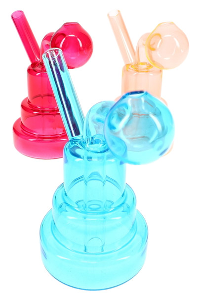 Trio of 3" mini tiered oil burner rigs in blue, red, and orange glass, compact 3-inch design for wholesale head-shop listings, clean front view.
