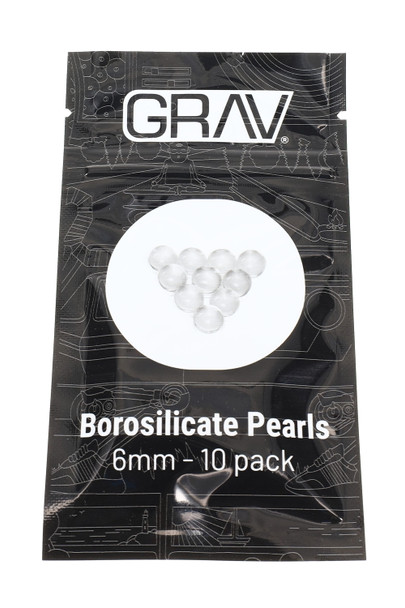 GRAV Borosilicate Pearls 6 mm 10-pack in branded black pouch, front retail packaging view, shelf-ready for smoke-shop wholesale. GRAV Borosilicate Pearls 6 mm 10-pack in branded black pouch, front retail packaging view, shelf-ready for smoke-shop wholesale.