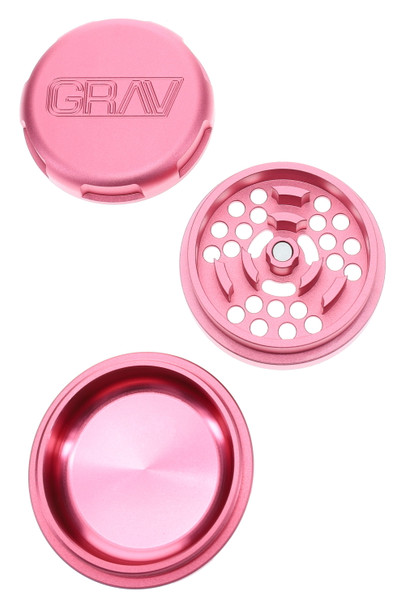 Blush pink GRAV 2.75" 3-part aluminum grinder separated into lid, grind plate, and catch chamber, clean top view for smoke-shop wholesale product pages. Blush pink GRAV 2.75" 3-part aluminum grinder separated into lid, grind plate, and catch chamber, clean top view for smoke-shop wholesale product pages.