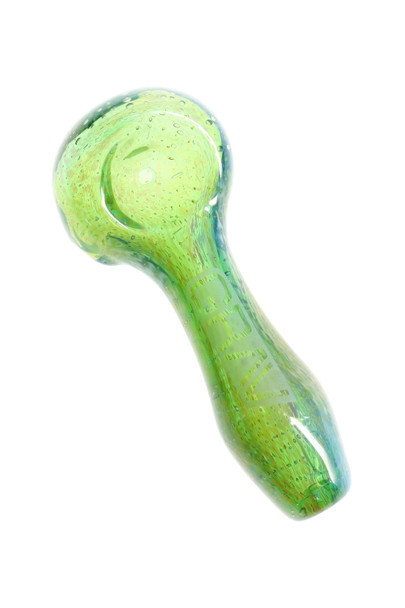 Green GRAV Bubble Trap 4" spoon pipe, top-down angled photo highlighting bubble-trap texture—wholesale head-shop glass.