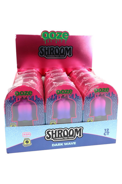 12-count Ooze Shroom Darkwave display tray with boxed units and header card, front three-quarter angle for retail vape wholesale ordering. 12-count Ooze Shroom Darkwave display tray with boxed units and header card, front three-quarter angle for retail vape wholesale ordering.