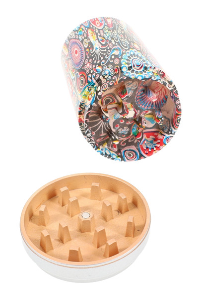 Grinder base and interior teeth of soda-can combo piece, psychedelic print exterior, detailed angle for B2B retail evaluation.