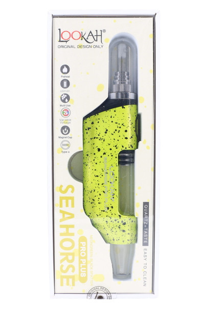 Boxed Seahorse Pro Plus in neon green splatter, 650 mAh and variable-voltage icons shown, smoke shop wholesale packaging close-up.