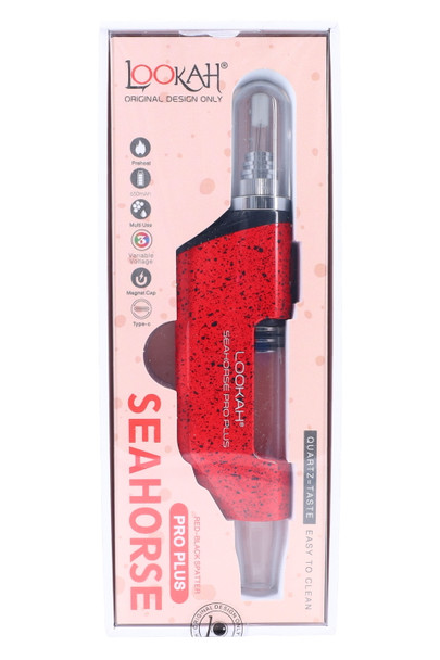 Red & black splatter Seahorse Pro Plus in sealed retail box, USB-C and preheat icons visible, B2B vape supply image.