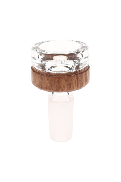 Clear borosilicate Alpine bowl with black walnut accent and 14.5 mm male joint, front profile on white—premium head-shop replacement part.