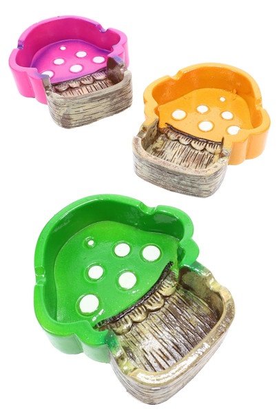 Assorted mushroom fairy resin ashtrays in pink, orange, and green, each with wood-look base, arranged for smoke shop resale catalog use.