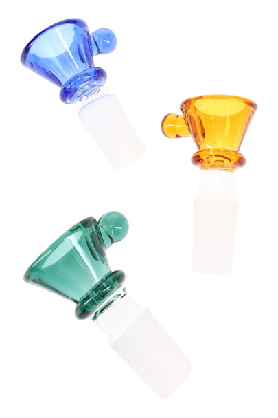 Blue, amber and teal 14.5 mm male glass bowls with small round side grip tabs, shown as assorted glass-on-glass replacement bowls for water pipes.