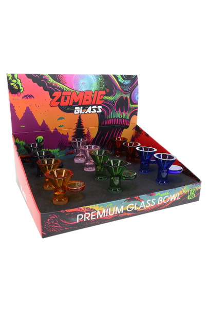Zombie Glass counter display of twelve colored 14.5 mm bowls with flat disc grips, labeled premium glass bowl and designed for head shop wholesale sales.