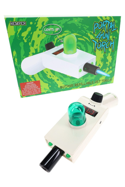 Hemper Portal Gun Torch shown in front of bright green portal retail box with lights-up callout, ideal for smoke shop novelty torch displays.