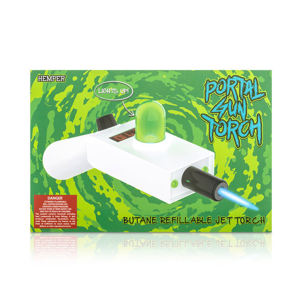 Hemper Portal Gun Torch box with green portal artwork, lights-up label and butane torch art for smoke shop displays.
