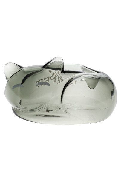Smoky gray 4.5" Hemper Alley Cats sleeping cat glass hand pipe, side profile on white background for smoke shop wholesale product detail pages.
