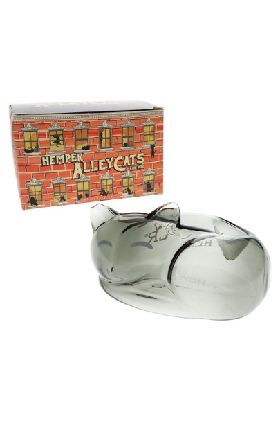 Hemper Alley Cats 4.5" smoky gray cat-shaped glass hand pipe posed in front of brick art retail box, ready for head shop display shelving.