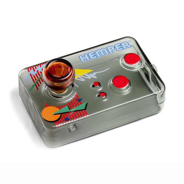 Hemper arcade controller glass pipe with amber joystick bowl and red buttons, used in smoke shop listing grids.