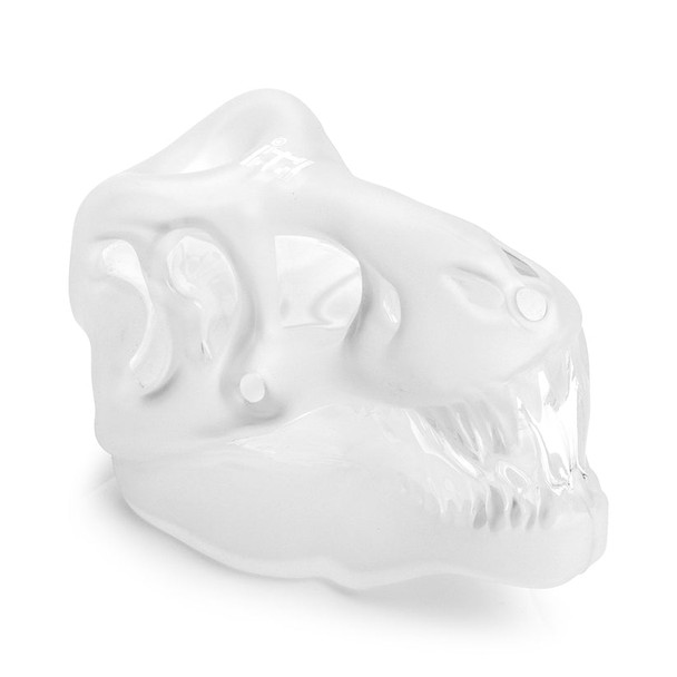 Close-angle view of frosted glass T-Rex skull dinosaur hand pipe with clear accents, detailed product shot for head-shop wholesale galleries.