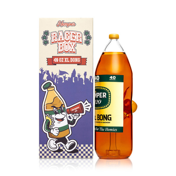 Hemper Forty Ounce XL amber bottle bong and Rager Box shown together from side angle, product shot for smoke shop glass displays.
