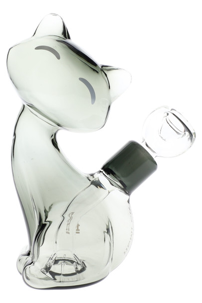 Smoky gray 6" Hemper Alley Cats cat-shaped glass bong with clear 14.5 mm bowl, close side profile on white background for smoke shop buyers.