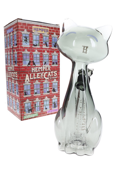 Smoky gray Hemper Alley Cats XL 9.5" cat bong standing beside red brick Alley Cats box, shelf-ready water pipe presentation for head-shop inventory.