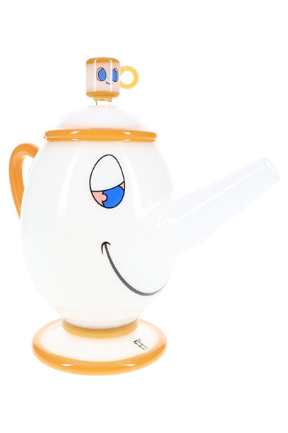 Opaque white Hemper Tea Pot XL 8" glass bong with gold base, handle and smiling face decal, angled on white background for head-shop buyers.