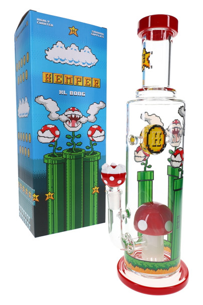 Hemper Gaming Flower XL bong standing beside tall blue pixel-art XL Bong box, red-accented tube and mushroom bowl shown for head-shop display planning.