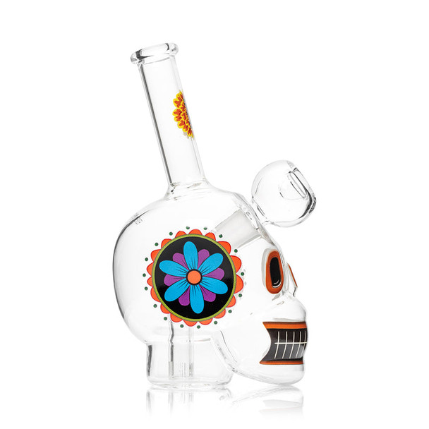 Side profile of clear Hemper Dia De Los Muertos skull bong showing bright mandala flower decal and diffused base for retail inventory detail pages.