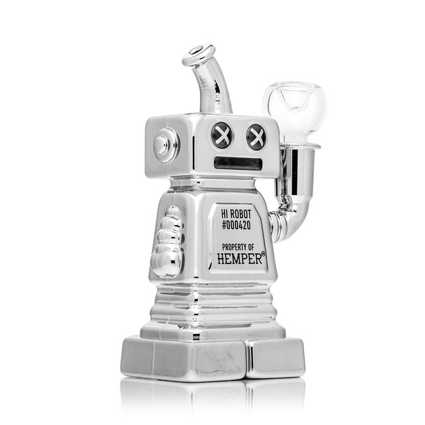 Chrome Hemper Hi-Robot 6" bong in three-quarter view showing etched logo panel and raised arm bowl, detailed image for smoke shop inventory listings.