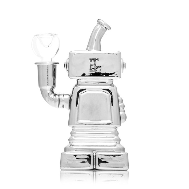 Rear view of chrome Hemper Hi-Robot glass bong with 14.5 mm bowl joint and etched H logo, product detail shot for B2B water pipe buyers.