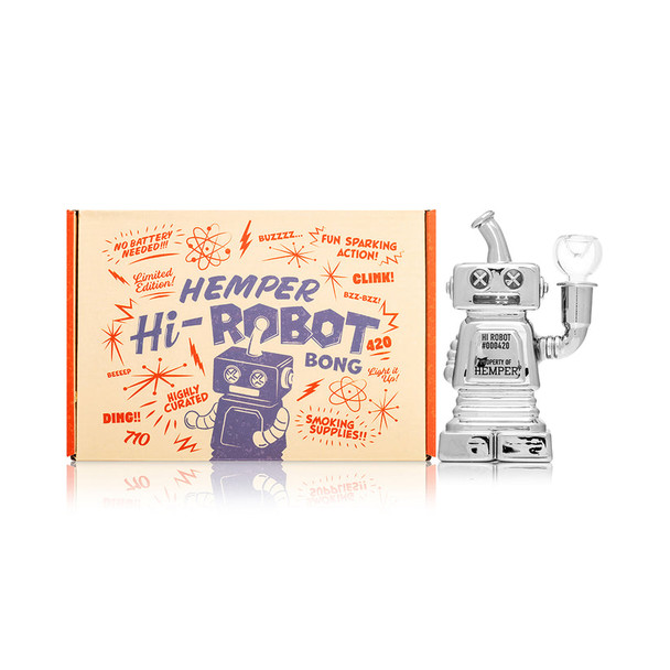 Hemper Hi-Robot Bong gift box with cartoon robot art beside chrome robot bong, centered front view for wholesale glass catalog feature images.