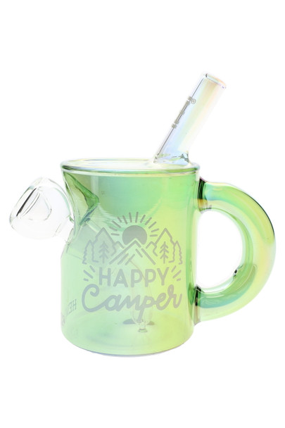 Iridescent green 5.5" Hemper Happy Camper campfire mug bong with etched mountain logo and straw mouthpiece, side view on white for smoke shop wholesale catalogs.