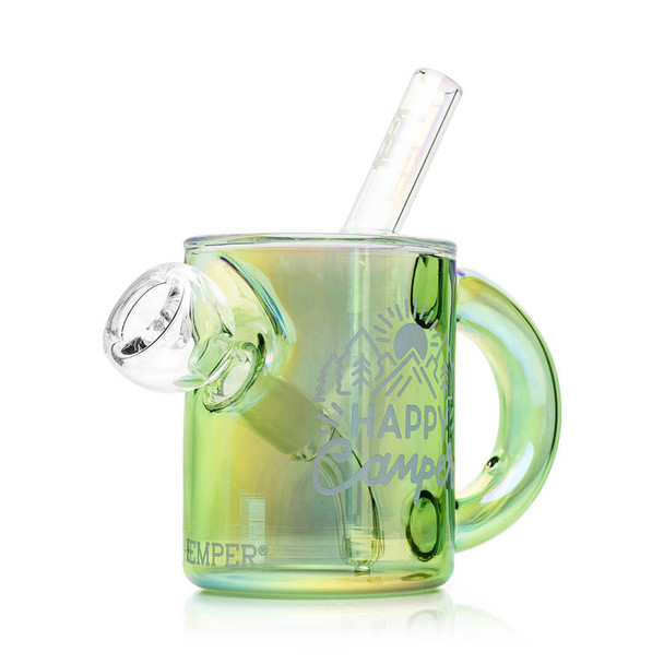 Close-up of iridescent green Happy Camper campfire mug bong showing clear handle, angled joint and straw, detailed product shot for wholesale listings.
