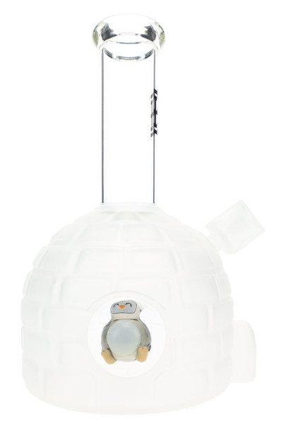 Frosted igloo 8.5" Hemper Penguin XL glass bong with clear neck and smiling penguin perc window, front view on white for smoke shop wholesale buyers.
