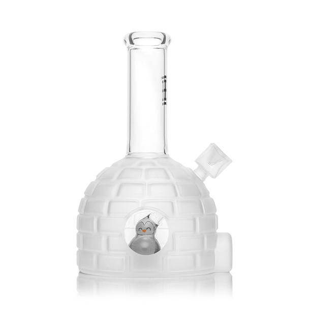 Front angle of frosted igloo Penguin XL bong highlighting recessed 14.5 mm joint and penguin ball perc, clean studio image for water pipe product pages.