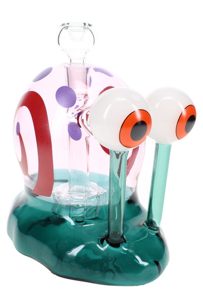 Pink-and-teal Hemper Snail XL 6" glass bong with cartoon eyeball stalks and showerhead perc, angled studio shot on white for head-shop water pipe buyers.