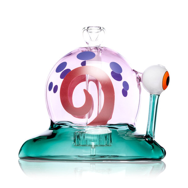 Profile shot of teal-base Snail XL bong with pink dome shell and purple spots, clear view of recessed joint for retail smoke gear product pages.