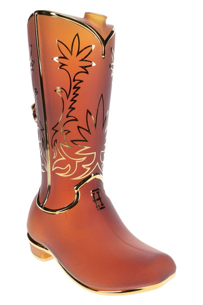 Frosted amber Hemper Wild West cowboy boot XL glass bong with gold trim and floral etching, angled studio view for smoke shop wholesale listings.