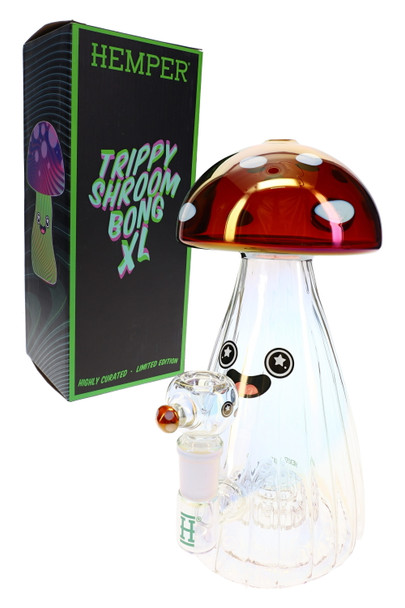 Hemper Trippy Shroom XL bong in iridescent glass with red cap shown beside green logo box, shelf-ready XL water pipe shot for head-shop wholesale catalogs.