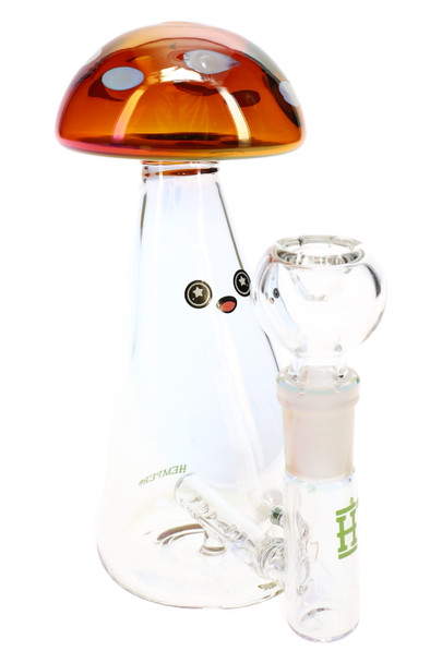 6" Hemper Trippy Shroom iridescent mini bong with red mushroom cap and clear 14.5 mm bowl on white background for smoke shop buyers.
