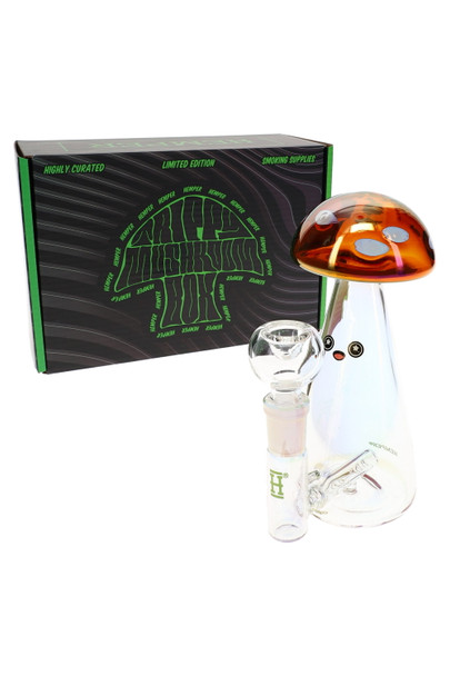 6" Hemper Trippy Shroom bong and bowl in front of Trippy Mushroom box, water pipe product shot for smoke shop buyers.