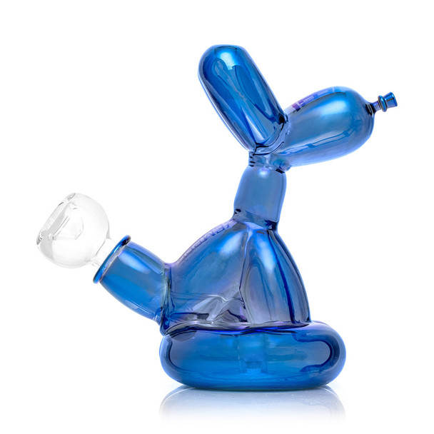 Side view of blue metallic balloon dog bong showing recessed tail joint and diffused perc chamber, clean product shot for B2B water pipe listings.